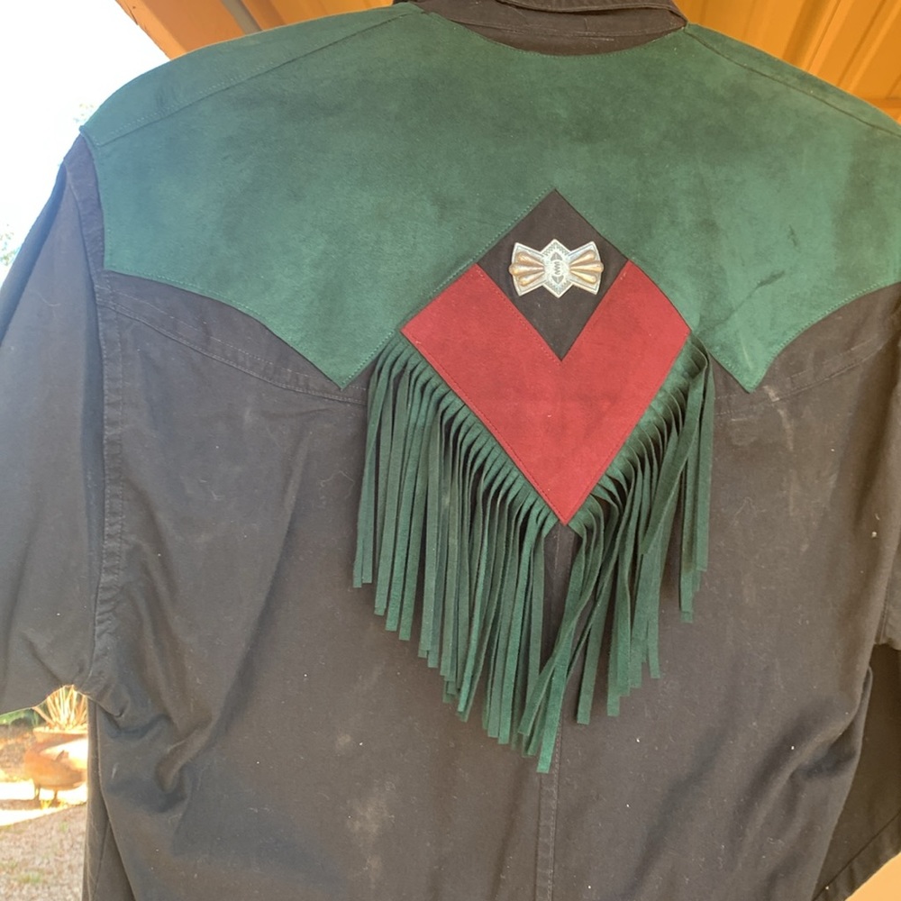 Western Rodeo Shirt Green & Burgundy Suede Size Large View 2